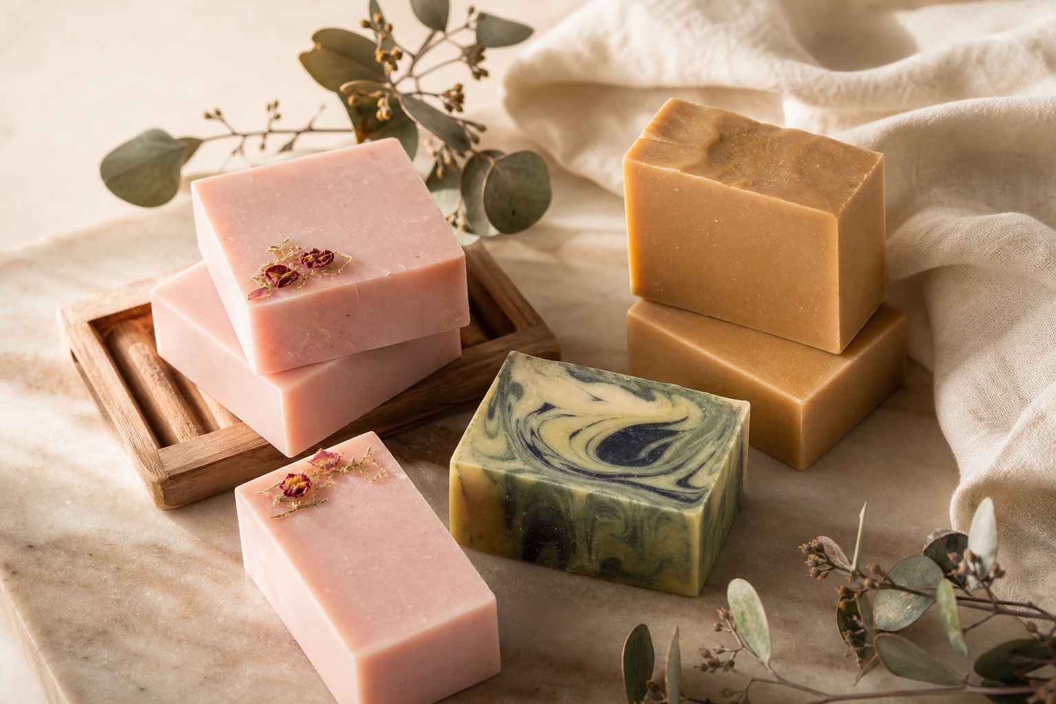 Luxury handcrafted soap bars styled on marble with botanical accents